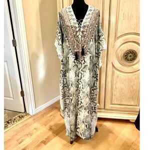 NWT La Moda Swim Cover-Up Caftan Snakeskin print Maxi Dress w/ Embellishments OS